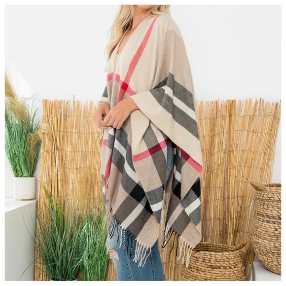 42 Fabulous Oversized Plaid Fringe Shawl Poncho - Picture 5 of 5
